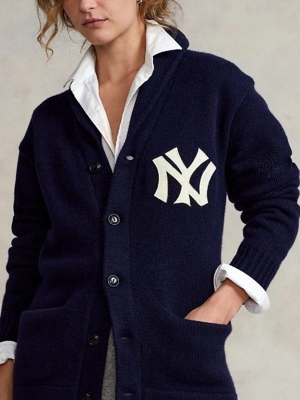 Unisex Knit Shawl Collar Button-Up Yankees Cardigan Sweater - Image 2