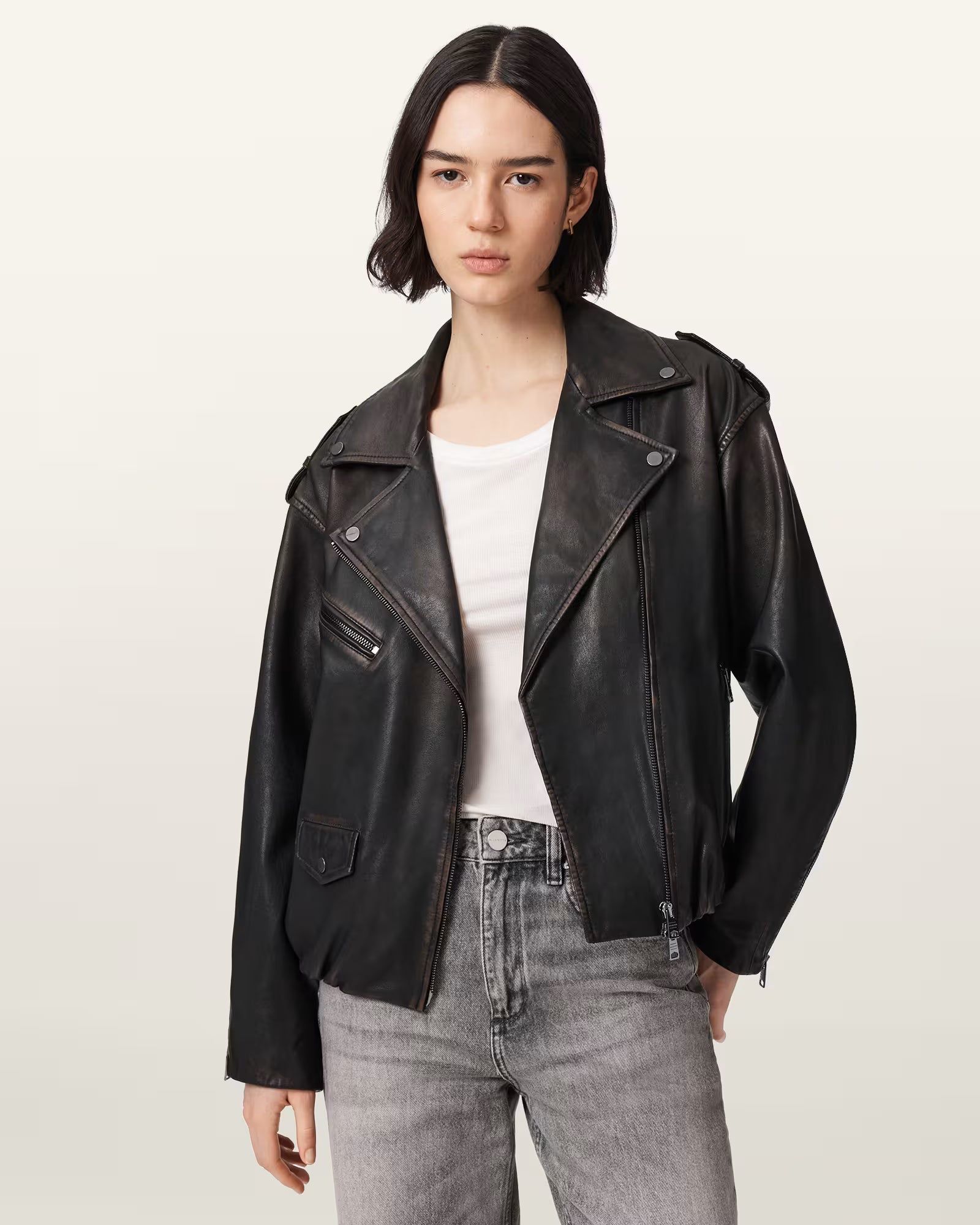 Samina Relaxed Fit Leather Biker Jacket - Image 3