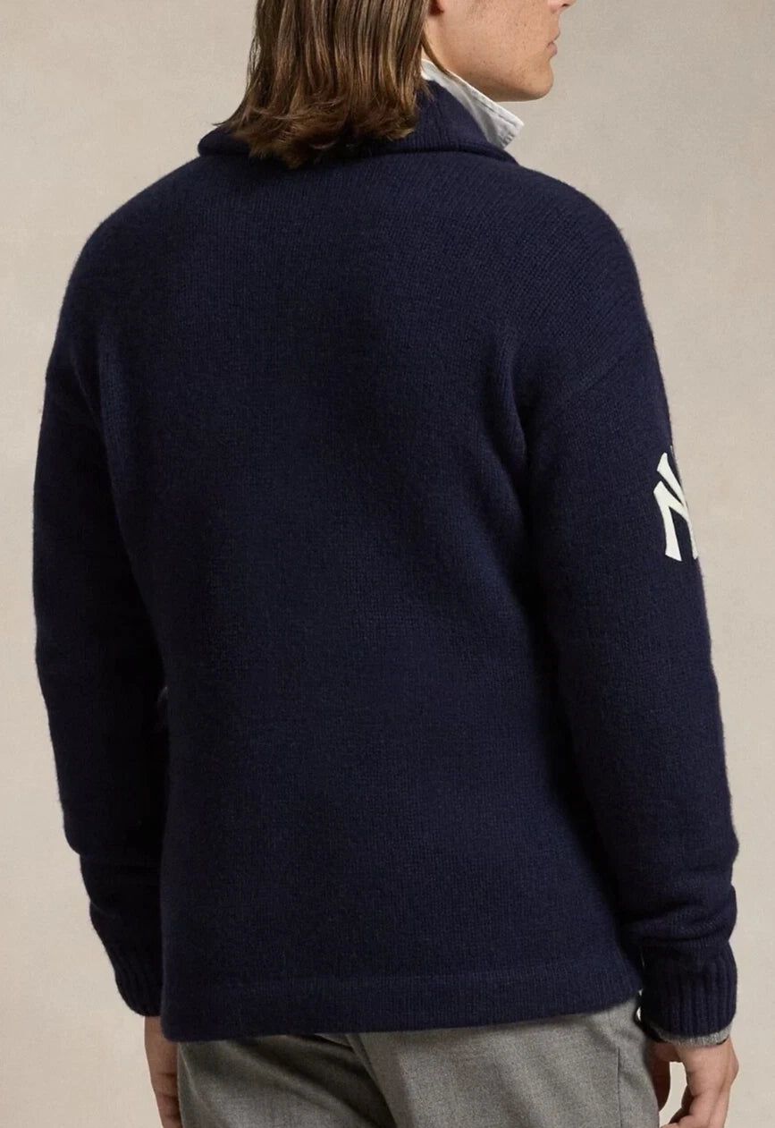 Men's Navy Button-Up Knit Shawl Collar Cardigan - Image 3