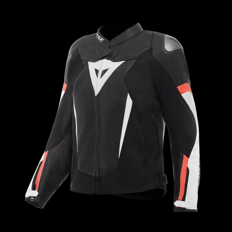 Dainese Racing 4 Women's Leather Motorcycle Jacket – Black / White / Fluo Red